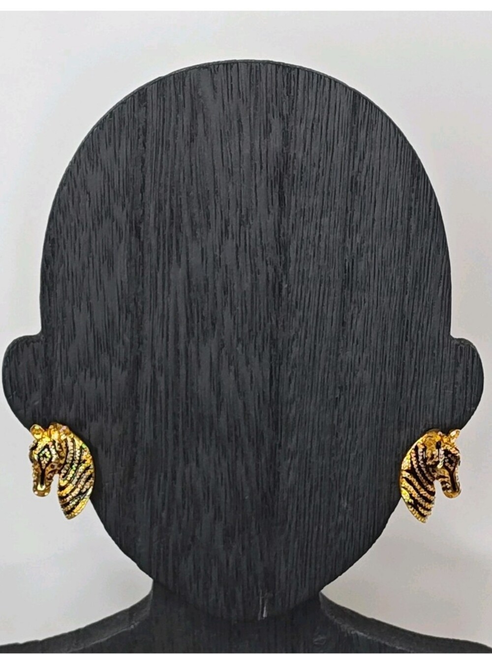 Vintage Safari Zebra Head Earrings Gold Tone Textured Black Enamel Rhinestones